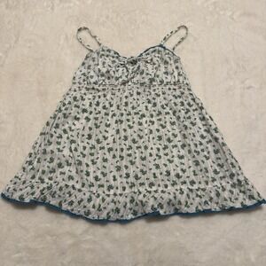 Y2K Decree Cami Top Sz L Babydoll Lace Trim Pink Floral White Blue 100% Cotton